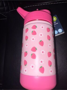 Pink Strawberry Kids Stainless Steel Water Bottle with Straw